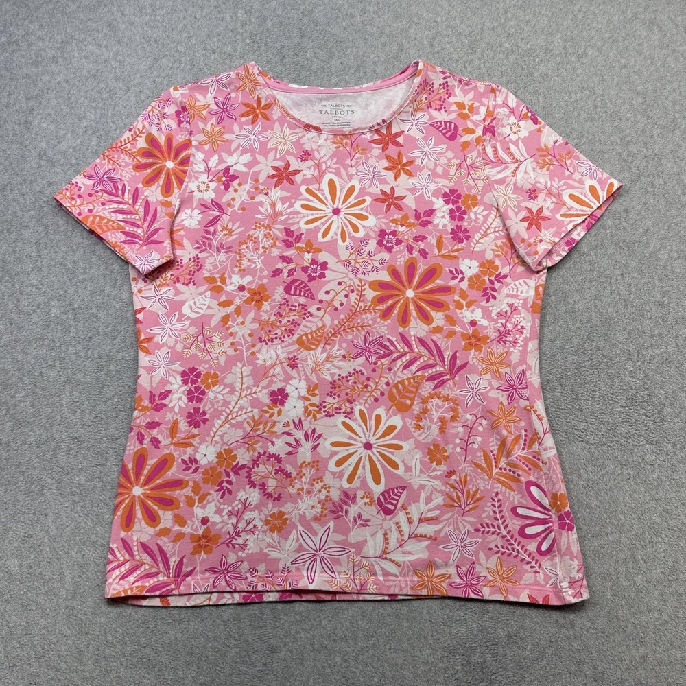 Talbots Tee Shirt Womens Petite Medium Pink Floral Short Sleeve Crewneck Top